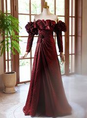 Burgundy Long Sleeve Pleats Prom Dresses