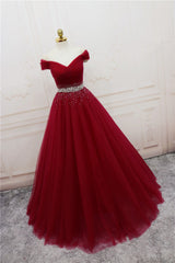 Burgundy Long Tulle Off Shoulder Prom Dress , Junior Prom Dresses