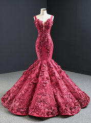 Burgundy Mermaid 3D Appliques Beading Straps Prom Dresses