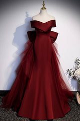 Burgundy Mermaid Long Prom Dress, Off the Shoulder V-Neck Formal Evening Dress