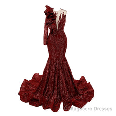 Burgundy Mermaid One Sleeve Prom Dresses Sequined Lace Jewel Ruffles Evening Party Dress with Appliques