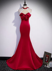 Burgundy Mermaid Satin Halter Backless Beading Prom Dresses