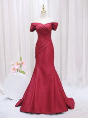 Burgundy Mermaid Satin Off the Shoulder Pleats Prom Dresses