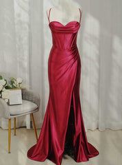 Burgundy Mermaid Satin Pleats Prom Dresses