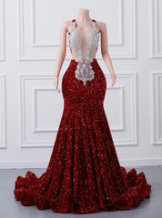 Burgundy Mermaid Sequins Appliques Backless Prom Dresses