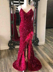 Burgundy Mermaid Sequins Feather Split Prom Dresses