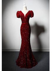 Burgundy Mermaid Sequins Puff Sleeve Prom Dresses