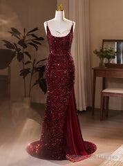 Burgundy Mermaid Sequins Spaghetti Straps Prom Dresses