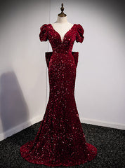 Burgundy Mermaid Sequins V-neck Prom Dresses With Bow