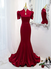 Burgundy Mermaid Short Sleeve High Neck Prom Dresses