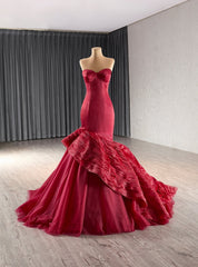 Burgundy Mermaid Strapless Tiers Prom Dresses