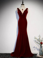 Burgundy Mermaid Velvet See Through V-neck Prom Dresses