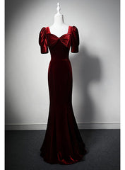 Burgundy Mermaid Velvet Short Sleeve Bow Prom Dresses