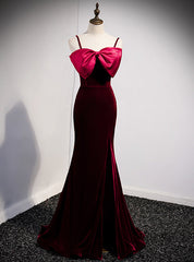 Burgundy Mermaid Velvet Spaghetti Straps Prom Dresses With Bow