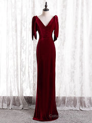 Burgundy Mermaid Velvet V-neck Prom Dress