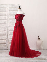 Burgundy Off Shoulder Tulle Lace Applique Long Prom Dress, Evening Dress