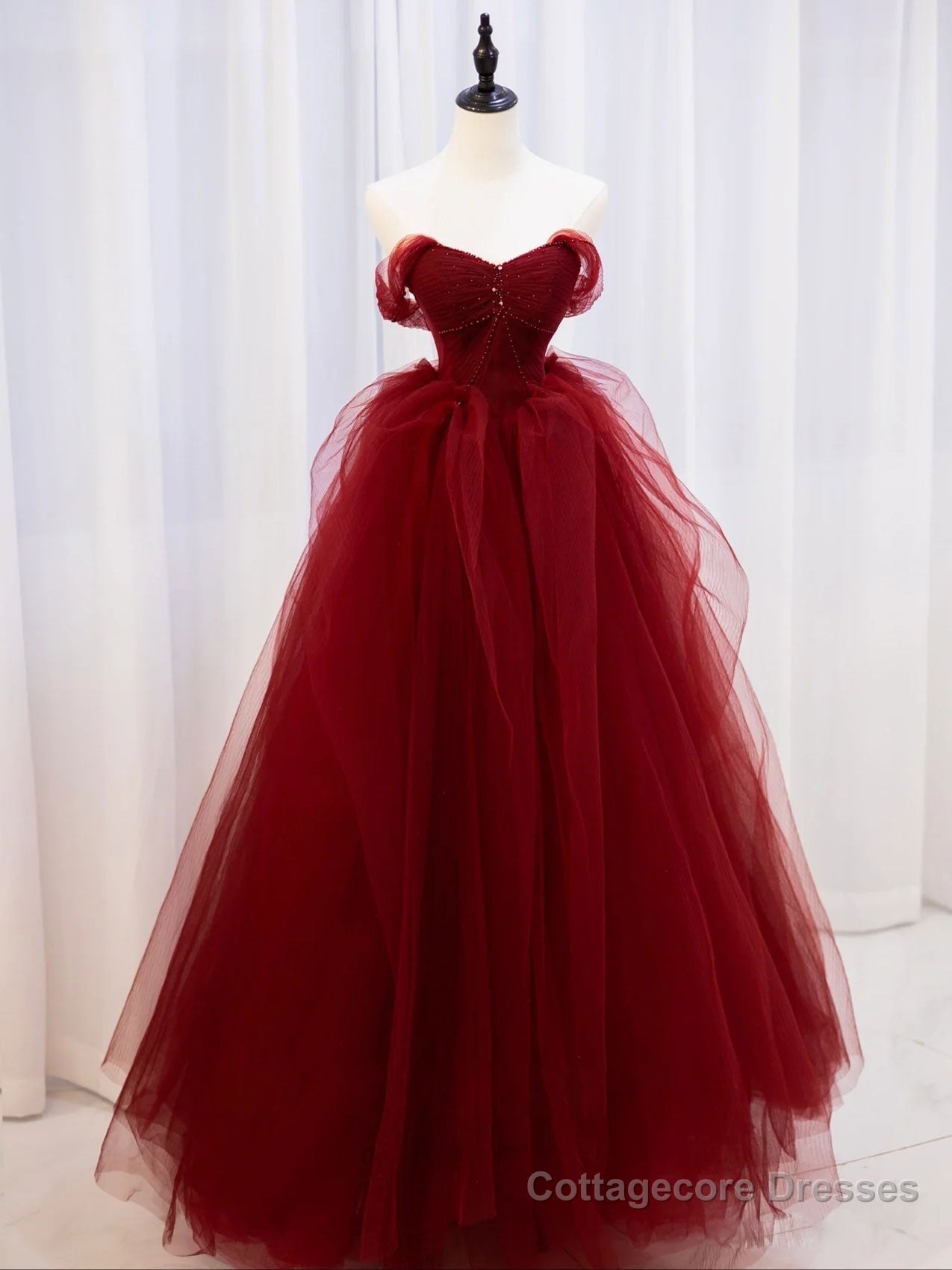 Burgundy off shoulder tulle lace long prom dress burgundy formal dress