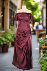 Burgundy Off The Shoulder Prom Dresses Simple Satin Formal Dresses