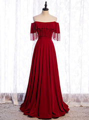 Burgundy Off the Shoulder Tassel Beading Prom Dresses