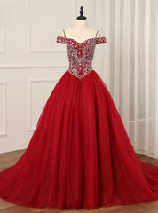 Burgundy Off the Shoulder Tulle Ball Gown Crystal Quinceanera Dresses