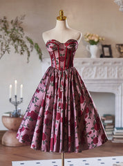 Burgundy Print Sweetheart Print Homecoming Dresses