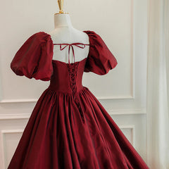 Burgundy Puffy Sleeves Taffeta Long Prom Dress, Floor Length Sweetheart Party Dress