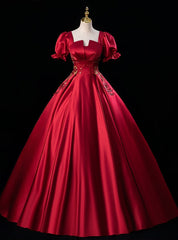 Burgundy Red Satin Short Sleeve Appliques Quinceanera Dresses