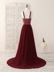 Burgundy Round Neck Chiffon Beads Long Prom Dress