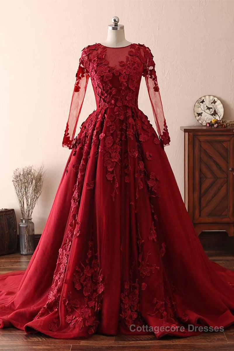 Burgundy round neck lace long prom dress burgundy evening dress