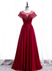 Burgundy Satin Backless Cap Sleeve Beading Pleats Prom Dresses