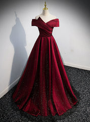 Burgundy Satin Black Tulle Off the Shoulder Pleats Prom Dresses