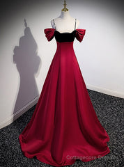 Burgundy Satin Black Velvet Spaghetti Straps Beading Prom Dress