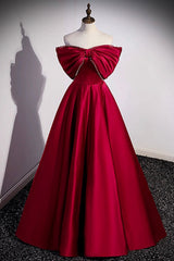 Burgundy Satin Floor Length Prom Dresses, A-Line Off the Shoulder Evening Party Dresses