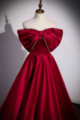 Burgundy Satin Floor Length Prom Dresses, A-Line Off the Shoulder Evening Party Dresses