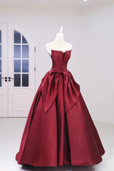 Burgundy Satin Floor Length Prom Dresses, Beautiful A-Line Evening Party Dresses