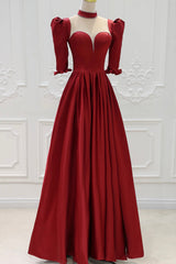 Burgundy Satin High Neck Long Prom Dress, Burgundy A-Line Evening Party Dress