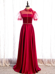 Burgundy Satin High Neck Short Sleeve Backless Beading Prom Dresses