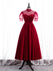 Burgundy Satin High Neck Short Sleeve Pleats Pearls Prom Dresses