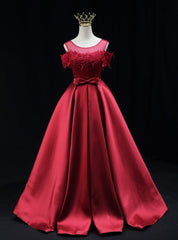 Burgundy Satin Lace Bow Prom Dresses