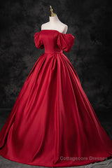 Burgundy Satin Long A-Line Prom Dress, Off the Shoulder Evening Party Dress