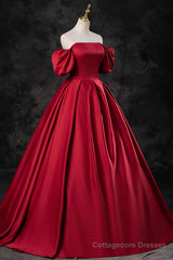 Burgundy Satin Long A-Line Prom Dress, Off the Shoulder Evening Party Dress