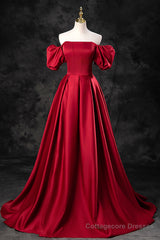 Burgundy Satin Long A-Line Prom Dress, Off the Shoulder Evening Party Dress