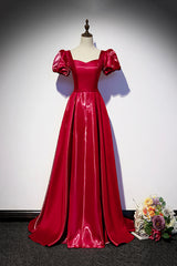 Burgundy Satin Long Prom Dress, Simple A-Line Evening Dress