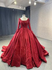 Burgundy Satin Long Sleeve Appliques Pearls Prom Dresses