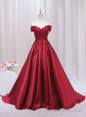 Burgundy Satin Off the Shoulder Appliques Prom Dress