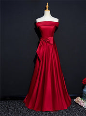 Burgundy Satin Off the Shoulder Bow Prom Dresses