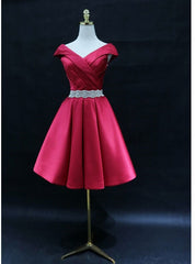 Burgundy Satin Off the Shoulder Pleats Beading Homecoming Dresses