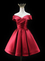 Burgundy Satin Off the Shoulder Pleats Homecoming Dresses