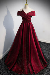 Burgundy Satin Off the Shoulder Prom Dress, A-Line Evening Graduation Dress