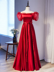 Burgundy Satin Off the Shoulder Puff Sleeve Beading Prom Dresses